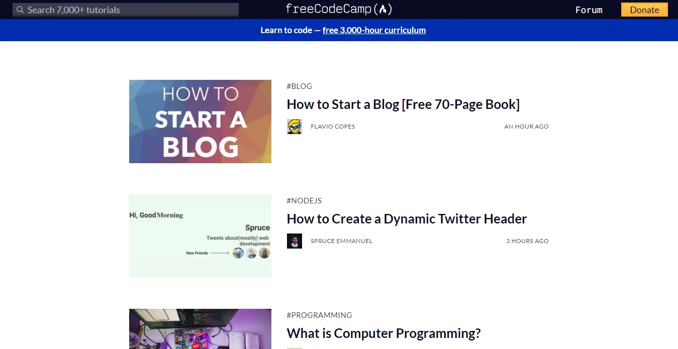 FreeCodeCamp Blog Homepage