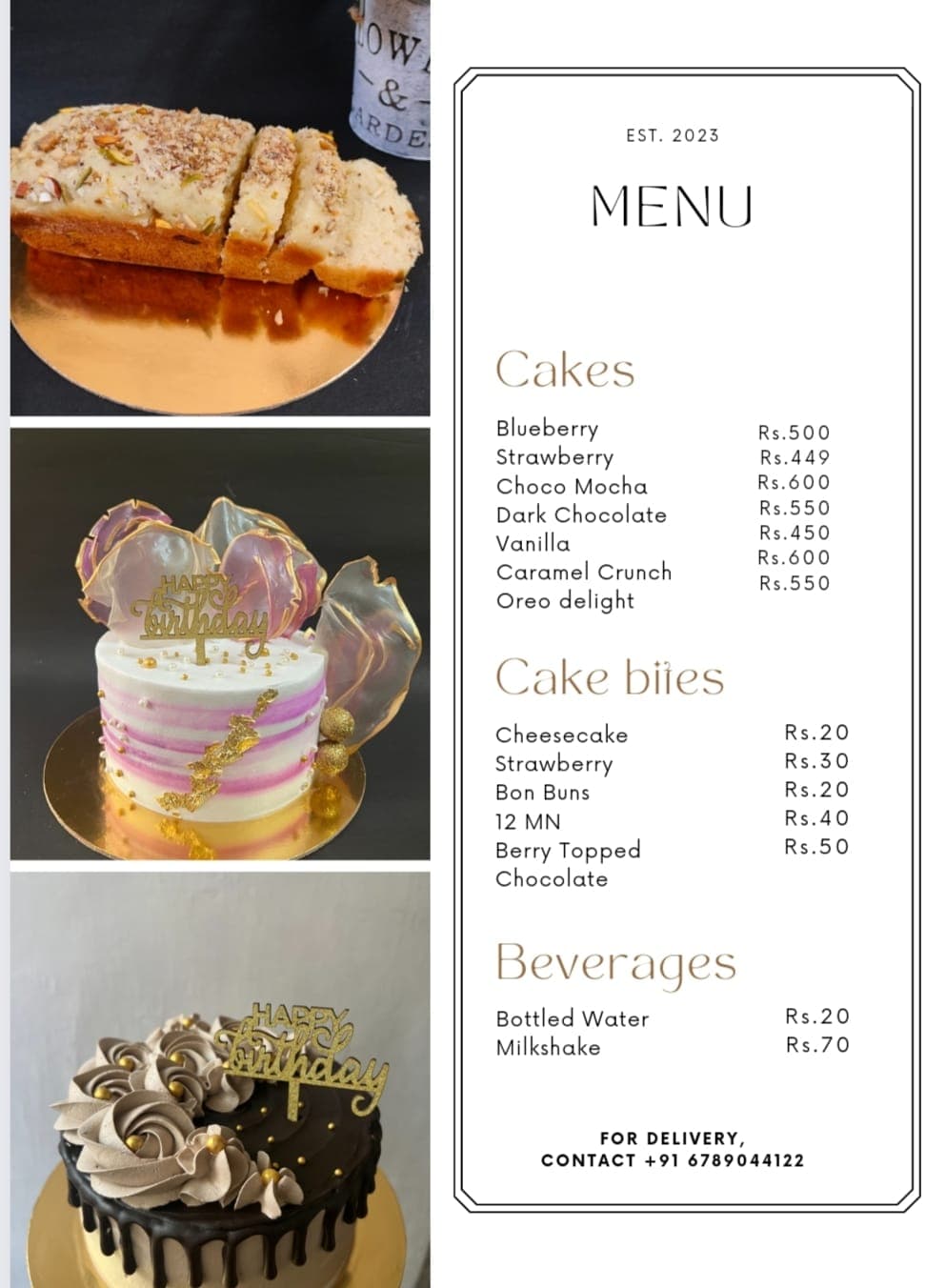 pastries and cakes with a menu