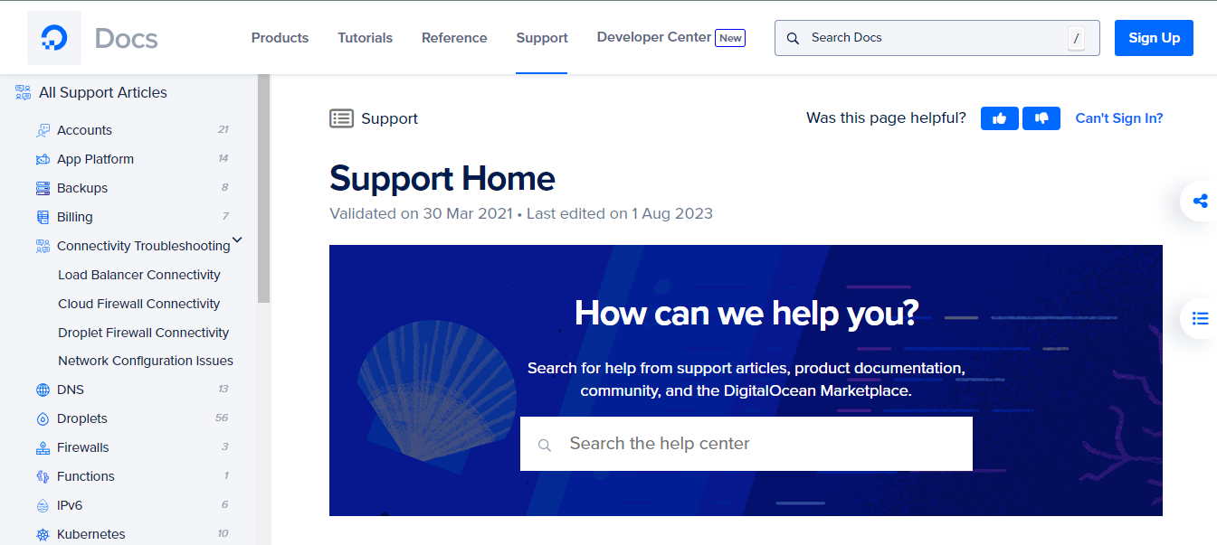 Screenshot of Digital Ocean Homepage of Documentation site